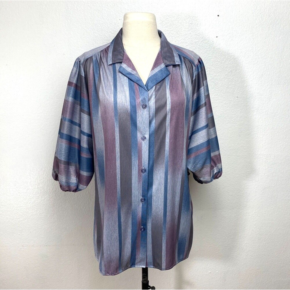 Vtg Amy Lynn Womans Blouse XXL Knit Blue Gray Purple Strip Balloon 3/4 Sleeves